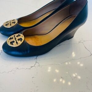 Tory Burch Black Wedge Shoes with Gold Accent